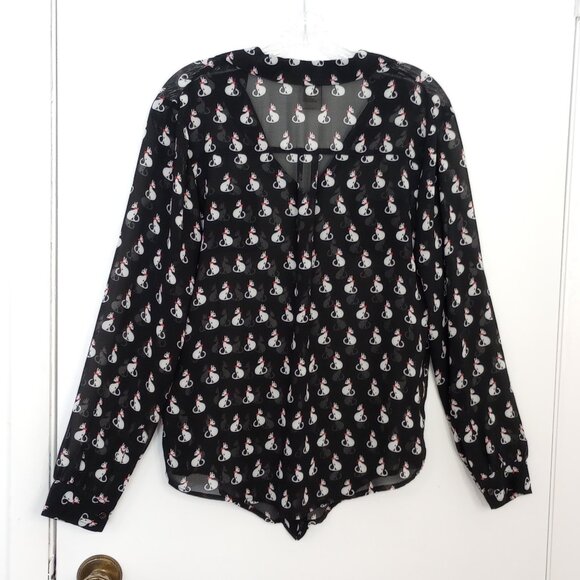 American Rag Cie Black & White Sheer Kitty Cat Print Blouse - Picture 5 of 7